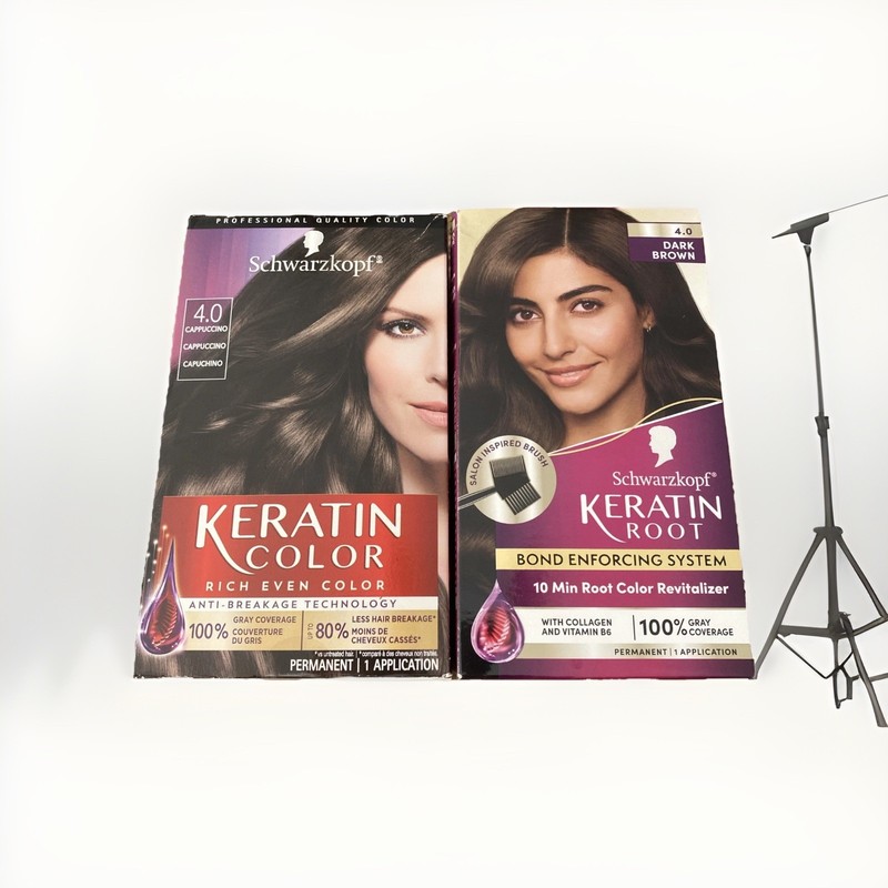 2 x Schwarzkopf Keratin All Hair Types Color Dye 4.0 CAPPUCCINO + Root Touch Up