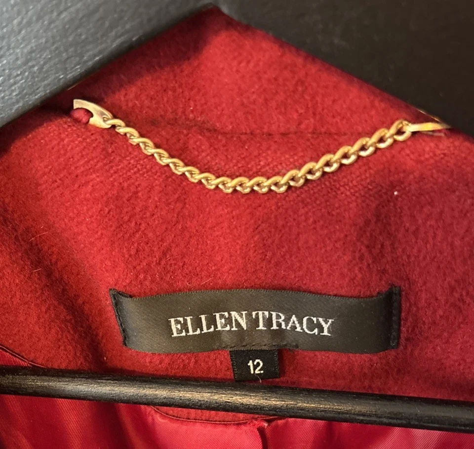 Abrigo para mujer Ellen Tracy rojo rubí guisante talla 12 mezcla lana/angora cierre de 3 botones Foto 2 de 4