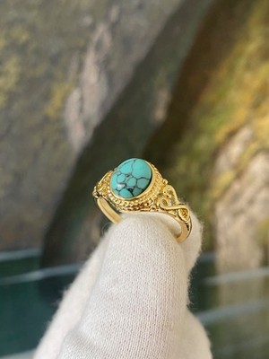 Ring Gold mit Stein Türkis Naturstein Damen Vergoldet Vintage Bandring Gr. 52-63