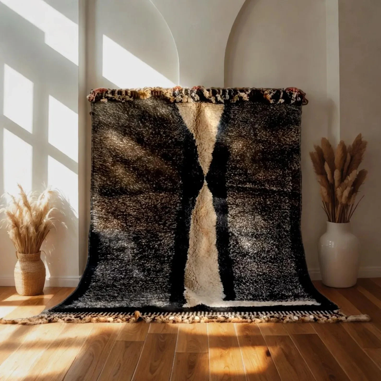 Bold Black Moroccan Rug - Handmade Dark Berber Carpet - Abstract Wool Art Rug -