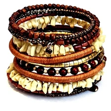 Multi Neutral Colored Beaded Boho Coil Bracelet