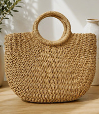 Beige Woven Straw Women s Top Handle Tote Satchel Bag Open Lined Beach