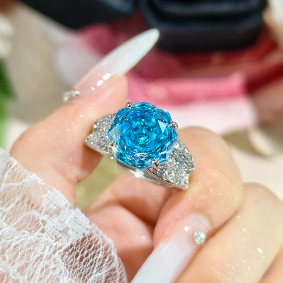 Sparkle 12mm Rose Cut Ocean Blue Topaz Gemstone Charm Women Girl Silver Rings - Image 4 of 4