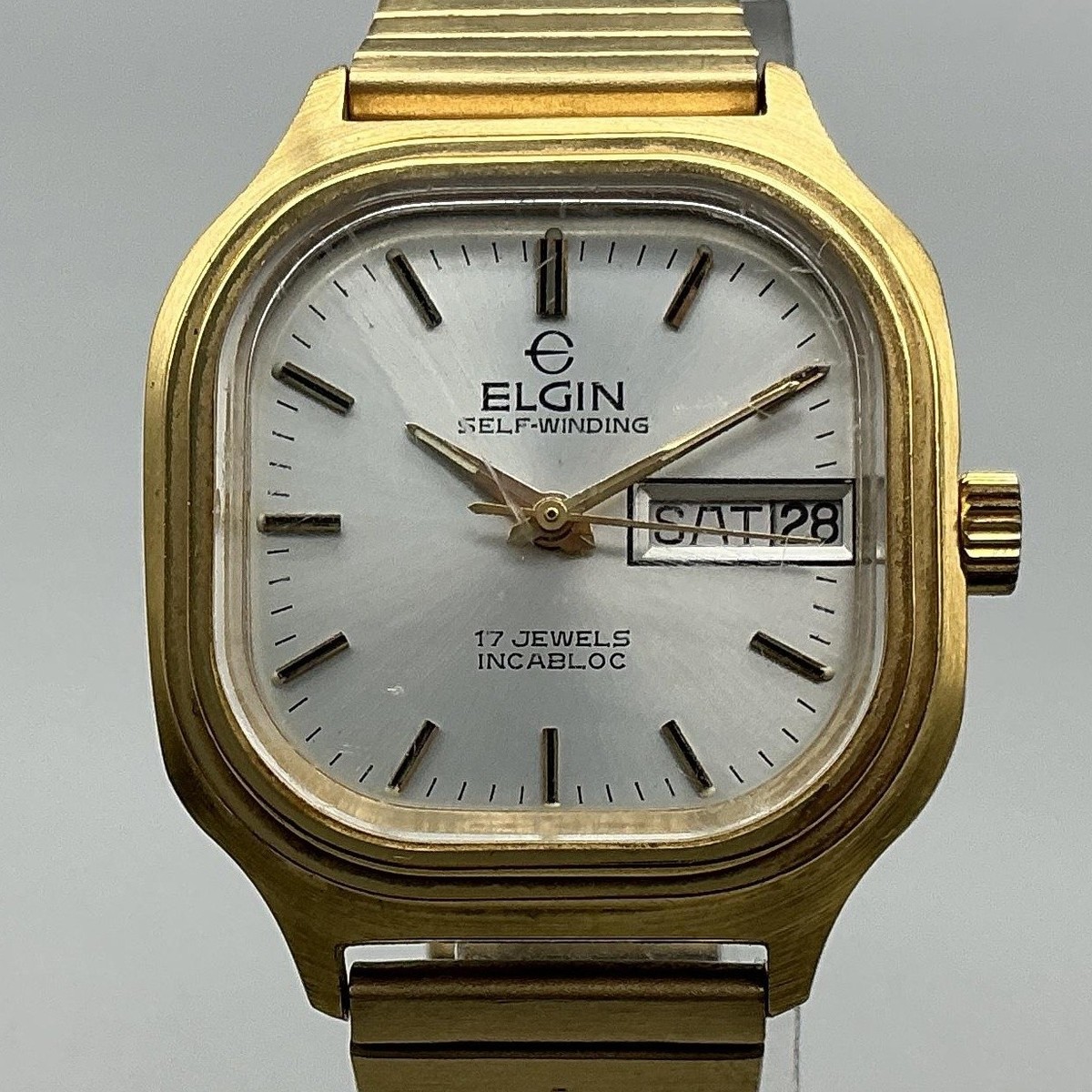 Vintage Elgin Mens Watch 33mm Silver Gold Tone Day Date Automatic