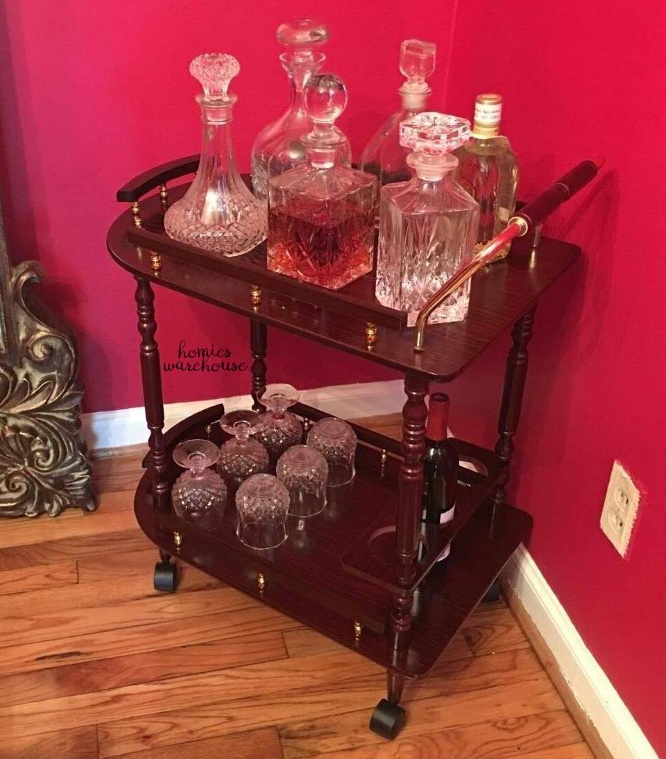 Classic Kitchen Bar Cart Rolling Trolley Drinks 2Tier Serving Wood