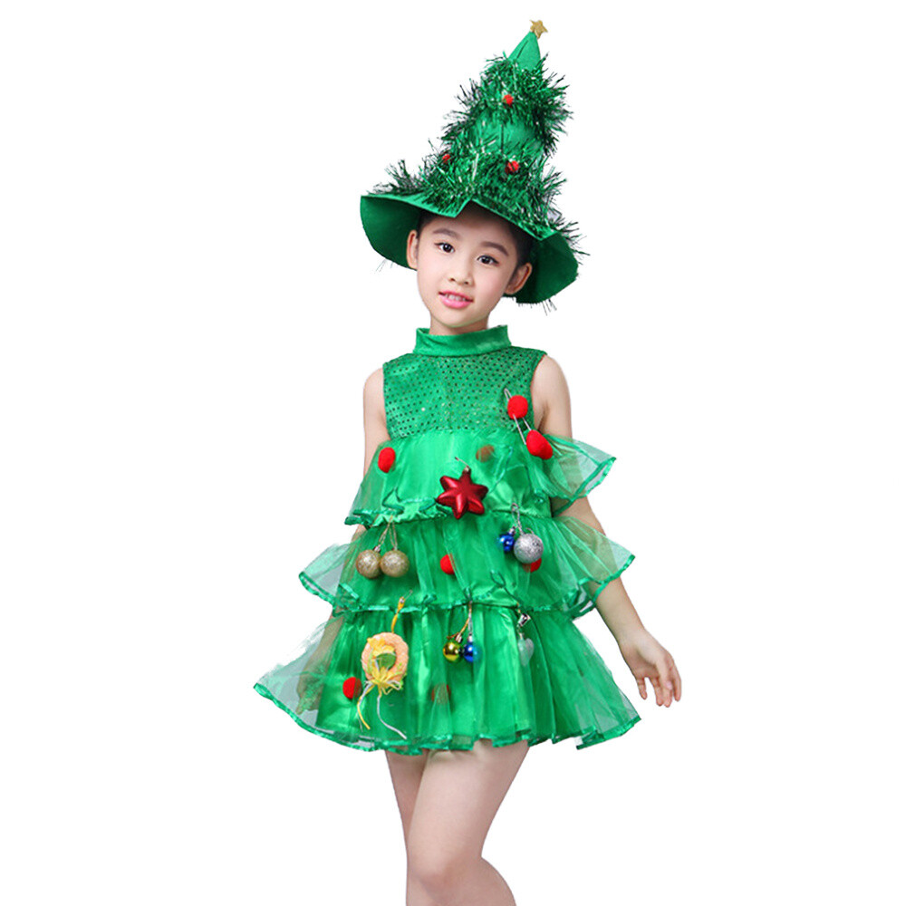 Christmas Tree Shaped Costume Kids Girls Xmas Dress Party Novelty