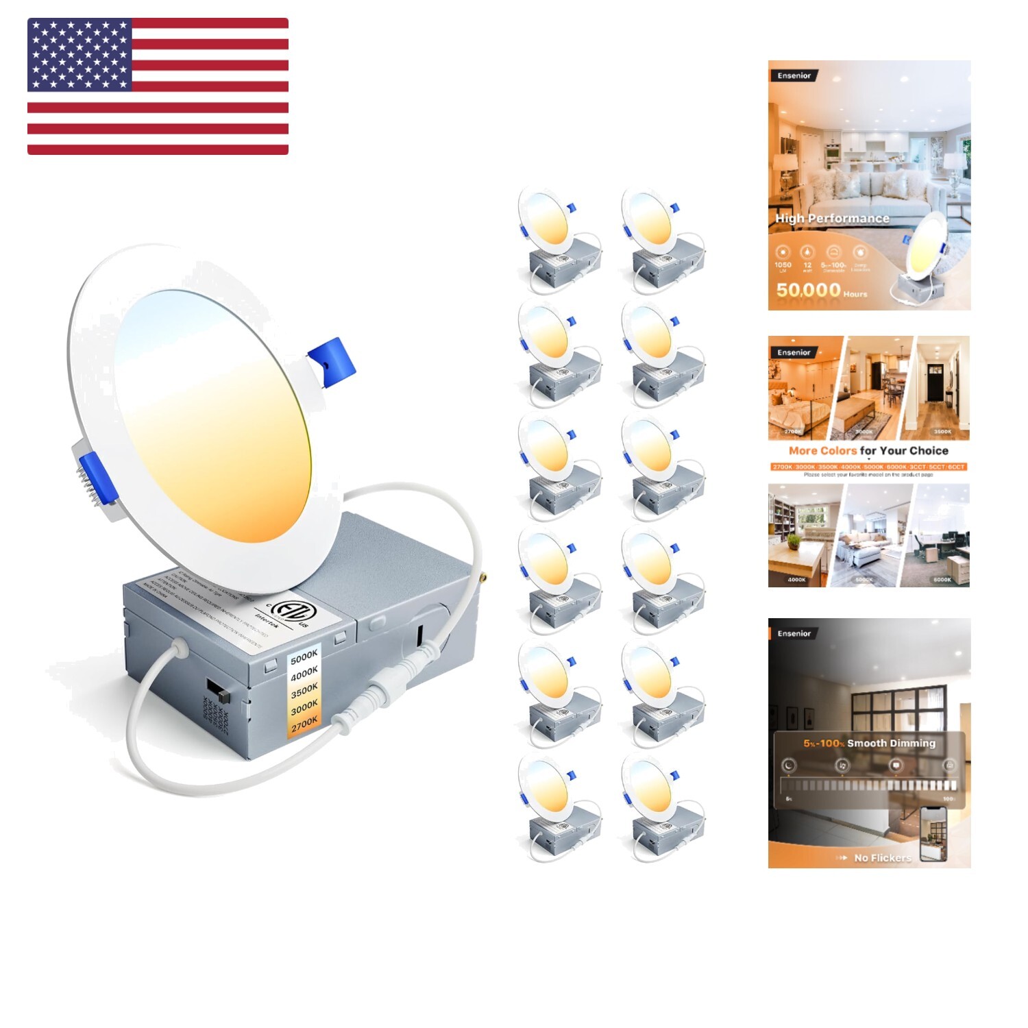 12 Pack 4 Inch LED Recessed Ceiling Light, Dimmable, 2700K-5000K 5CCT, 750LM ...
