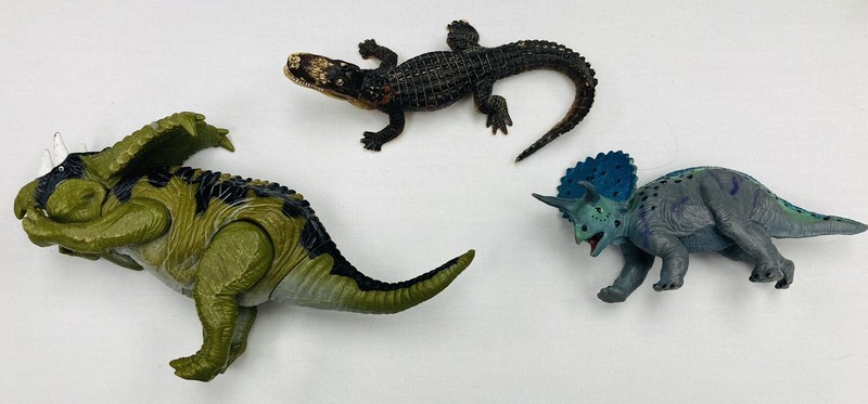 Set of three toy dinosaurs--Styracosaurus, Triceratops and an alligator!