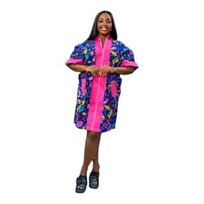 African Tropical Floral Print Robe with Pink Trim, Short Sleeve, Knee Length