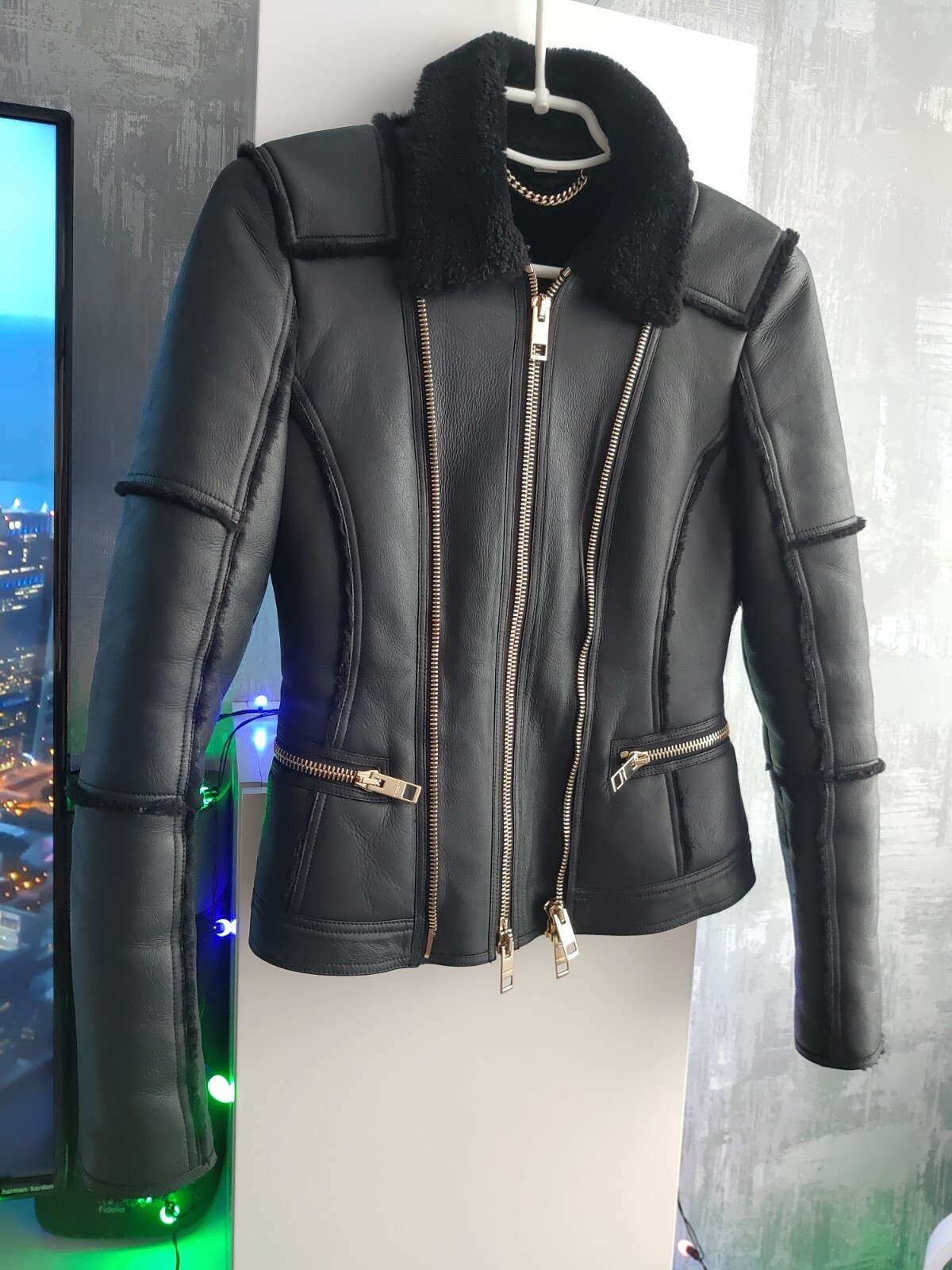 Burberry London Black Lamb Shearling Leather Bomber Zip Jacket Biker Moto 36 XS image 10