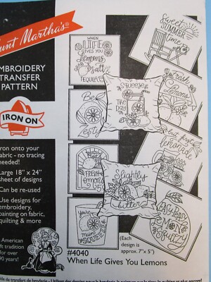 AUNT MARTHA'S IRON-ON TRANSFERS #4040 WHEN LIFE GIVES YOU LEMONS- NEW, UNOPENED.