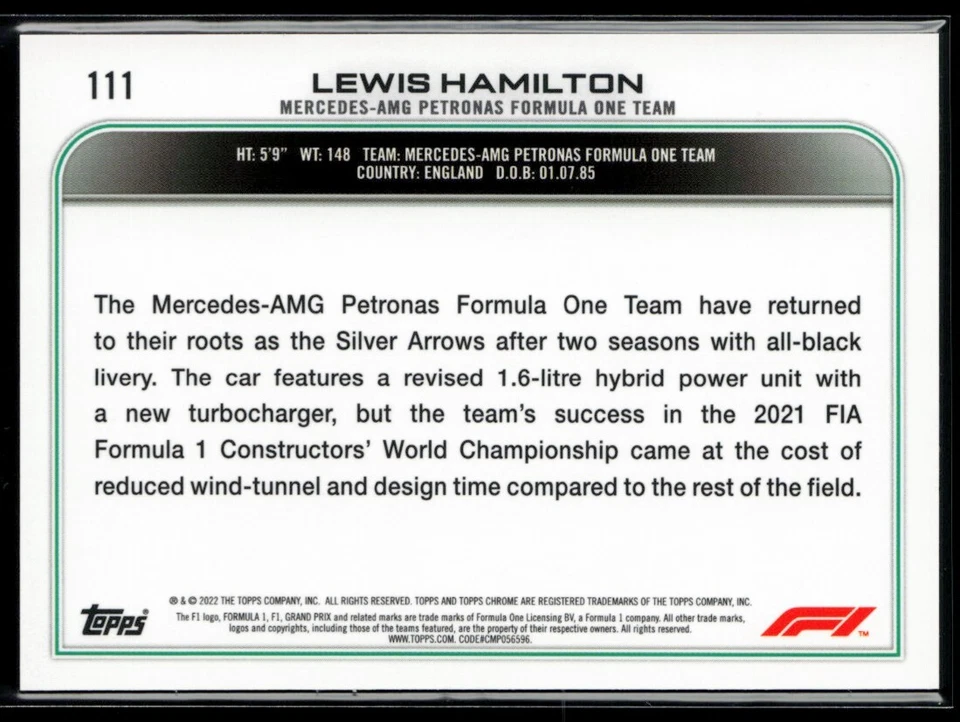 2022 Topps Chrome Formula 1 #111 Lewis Hamilton CAR - Image 2 of 2