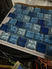 Blue/Clear Square Glass Mosaic Tiles Sheet on Mesh, Glass Tile Mosaic Sheet x4