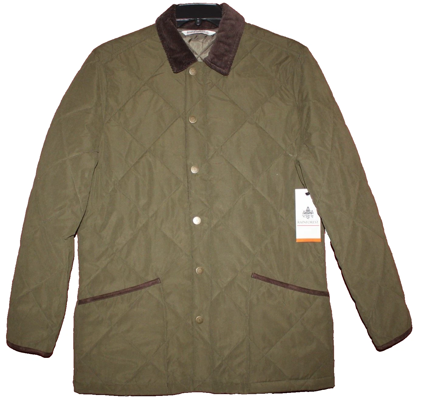 Rainforest Logo Quilted Jacket Mens S Olive Green Corduroy Collar Coat NWT $179