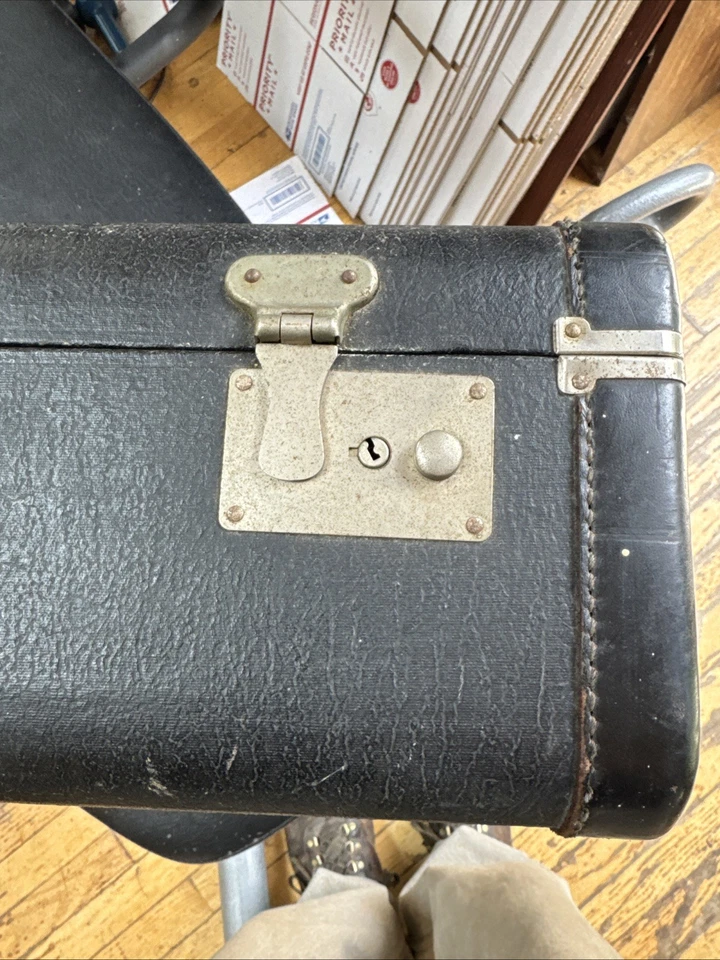 "Antigua maleta de vendedor de cuero negro, principios de 1900, equipaje 21x13,5x6,5""" Foto 2 de 4