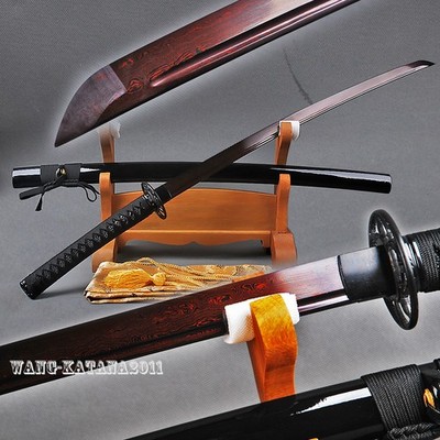 Black Sharp Katana Full Tang Japanese Samurai Sword Red Damascus Folded Steel