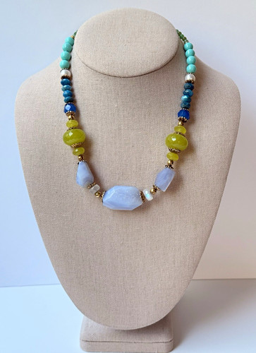 Multicolor Beaded Boho Necklace Blue Lace Agate Beads, Gold Spacers, 17-18in