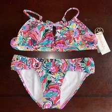 Raisins Girls Multicolor Print Bikini Size 12 Ruched Bottoms Adjustable Top