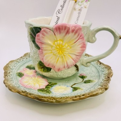 Teacup, saucer, and spoon Corner Ruby Botanical Collection Mint Pink floral NEW