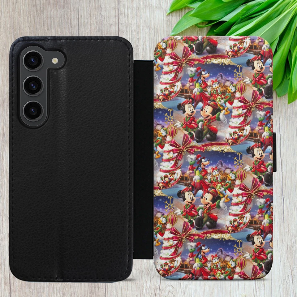 CHRISTMAS MICKEY MINNIE FLIP FOR IPHONE SAMSUNG PIXEL WALLET PHONE CASE COVER - Image 4 of 4
