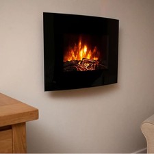 Electric Fireplace LED Flame Effect Wall Mounted Black Glass Heater Modern 1.8kW
