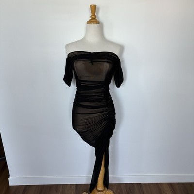Lulus Women's Dress Size Medium Black Tan Mesh Sleeveless Bodycon Midi Stretch