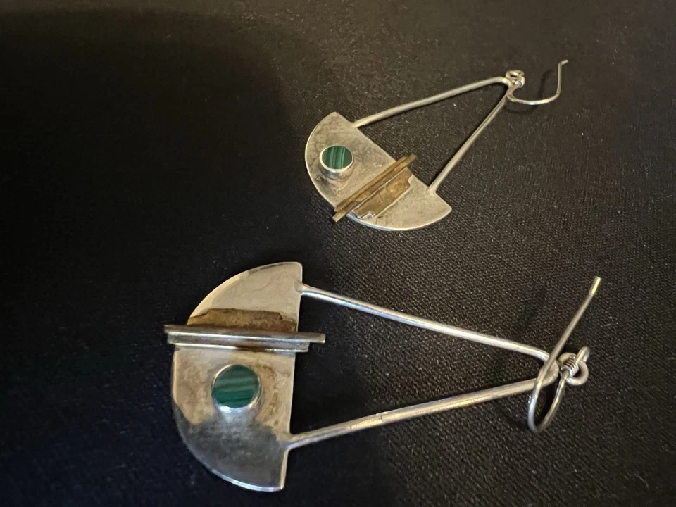 Brincos pendentes de prata 925 designer com cobre e malaquita verde - Imagem 2 de 4