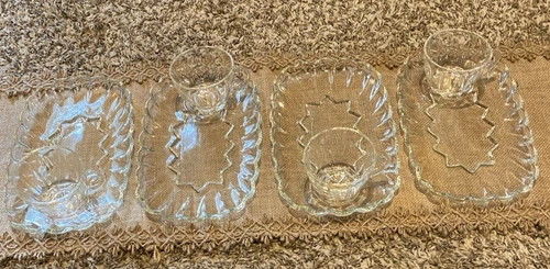 Vtg Anchor Hocking Classic Clear Glass Snack Set - 4 Plates, 4 Cups - EUC - 8pc