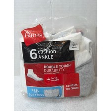 NIOP Hanes Ankle Socks Mens White 6 Pack Cushion Double Tough 99510WCA Size 6-12