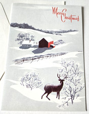 Tarjeta de Navidad vintage ciervo buck con vistas a granja en el campo escena de invierno