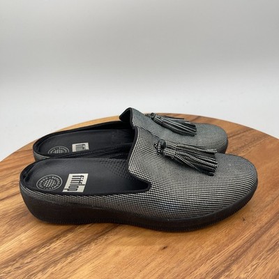 Fitflop Houndstooth Mules Womens Size 7 Slip On Black Tassel Superskate Casual