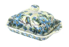 Blue Rose Polish Pottery Bluebird Garden Butter Dish