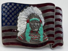 Indian Chief Belt Buckle Metal War Native American USA Flag Collector rare ename