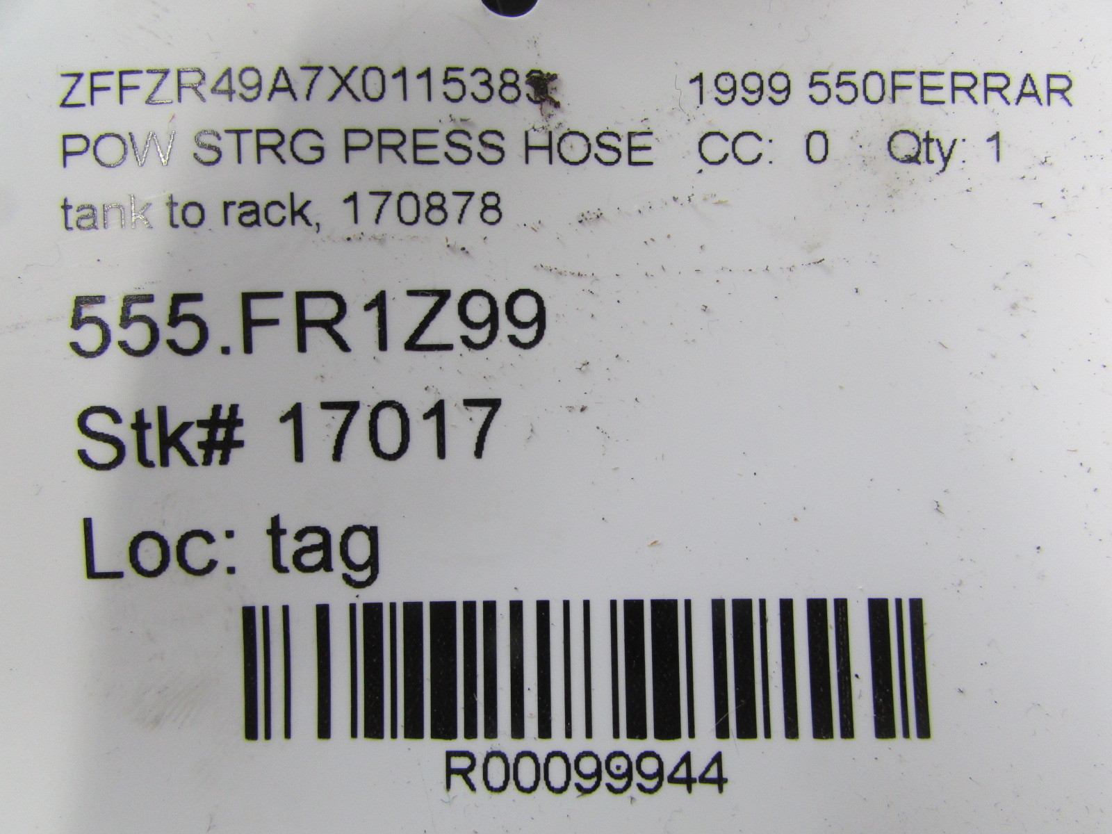Ferrari 550, Power Steering Reservoir to Steering Rack, Used, P/N 170878