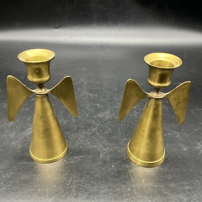 #ad Pair Of VTG MCM International Imports Brass Angel Taper Candle Holders $20.00