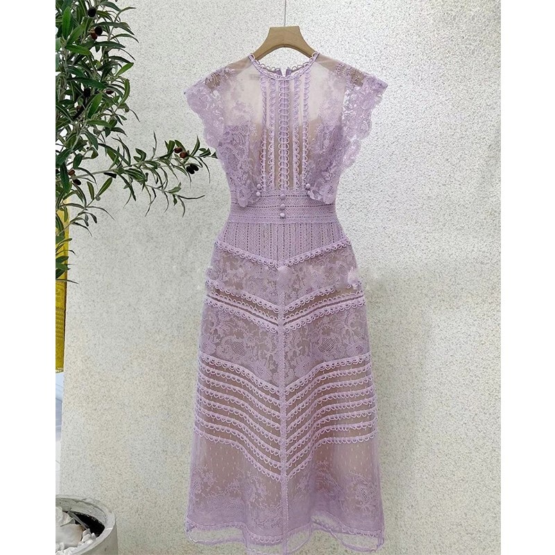 Ladies Summer Maxi Sexy Embroidered Lace Ruffles Round Neck Slim Fit Wrap Dress image 7