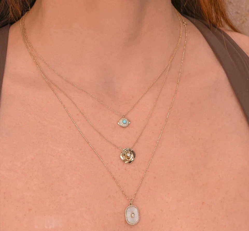 Fluted Mother of Pearl Diamond Necklace 14K Yellow Gold Faceted Ball Chain - Image 2 of 2