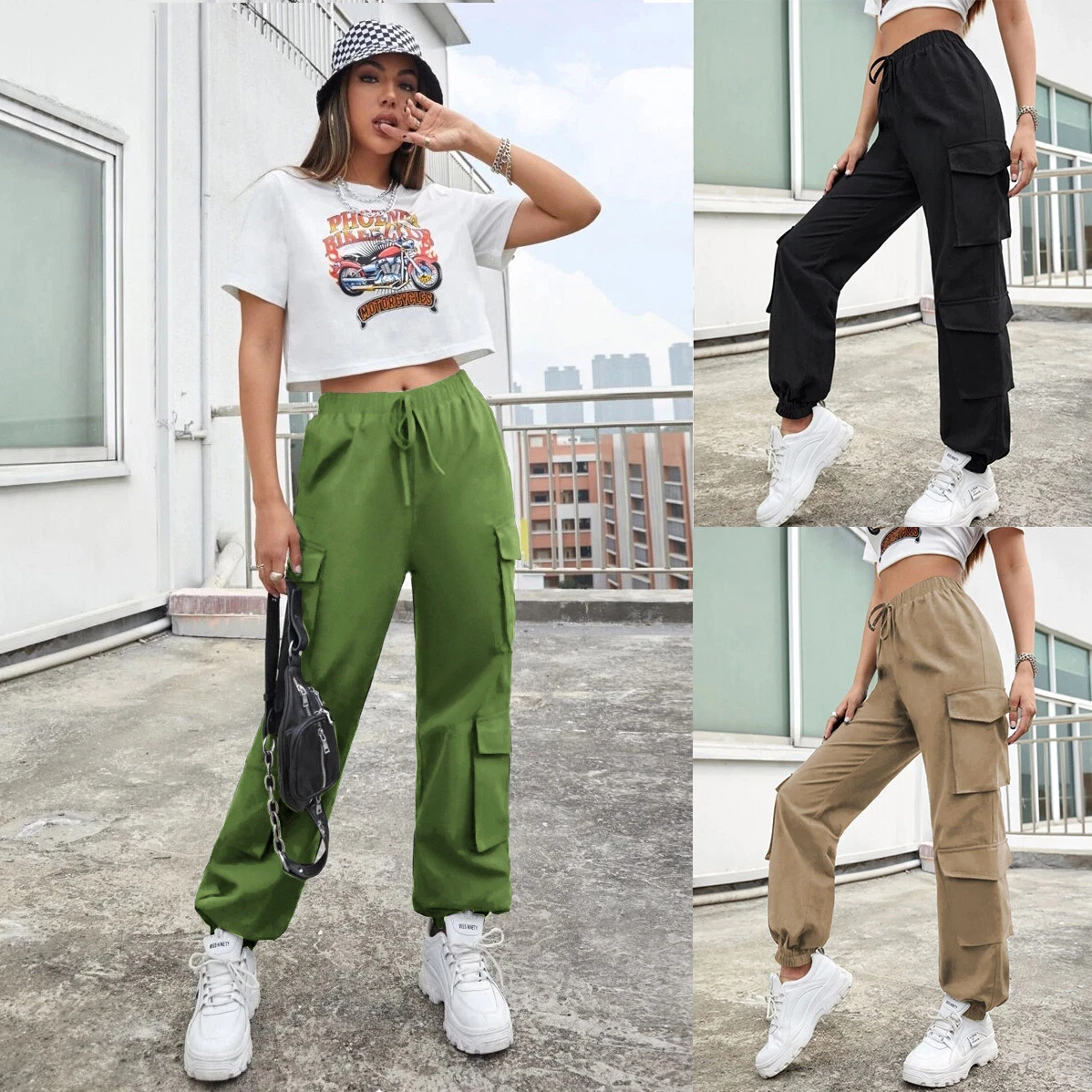 ON SALE!! Combat Cargo 4-Pocket Trousers High Waist Joggers Casual