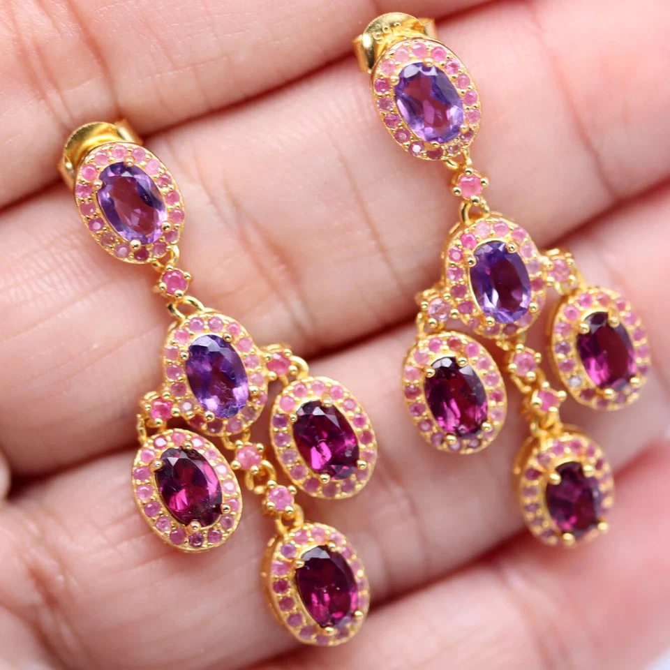 Plata 925 4 x 6 mm. Pendientes de granate, amatista y zafiro rodolita roja púrpura Foto 2 de 4