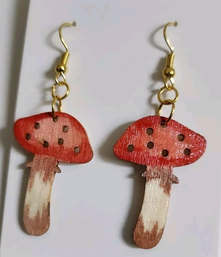 Handpainted Wooden Toadstool Mushroom Earrings 