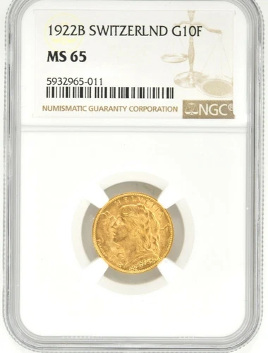 1922 B Switzerland Helvetica 10 Francs Gold Coin NGC MS 65 KM# 36 Bern