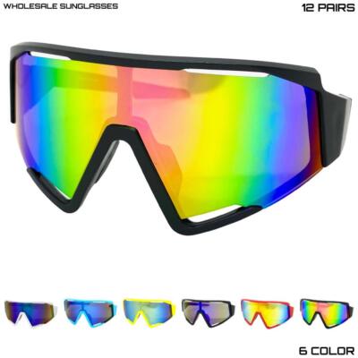 WHOLESALE LOT Men Oversized Retro Sporty Wrap Around Shield SUN GLASSES 12 Pairs