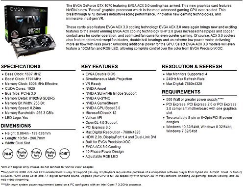 EVGA GeForce GTX 1070 FTW GAMING ACX 3.0, 8GB GDDR5, RGB LED, 08G-P4-6276-KR - Imagen 2 de 9