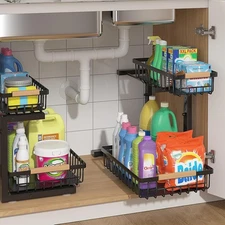 Under Sink Organizer 2 Packs, Pull Out Kitchen Sink Organizer, 2 Tier Slide Out 