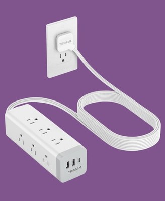 Tessan Flat Plug Power Bar With Surge Protector 9 Outlets 3 USB Ports 15Ft Ext.