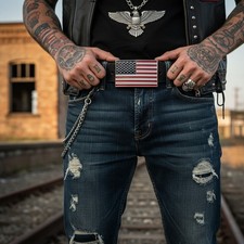 Men Women Belt Buckle Metal Silver United State America USA Flag Red White Blue