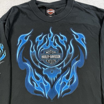 VTG Harley Davidson Shirt Mens Medium Black Blue Flame Y2K
