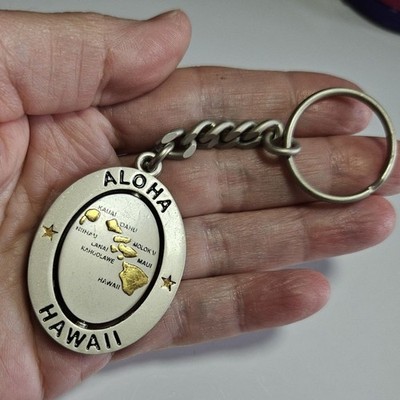 Aloha Hawaii Silver Gold Tone Spinner Souvenir Keychain Key Ring Map of Islands