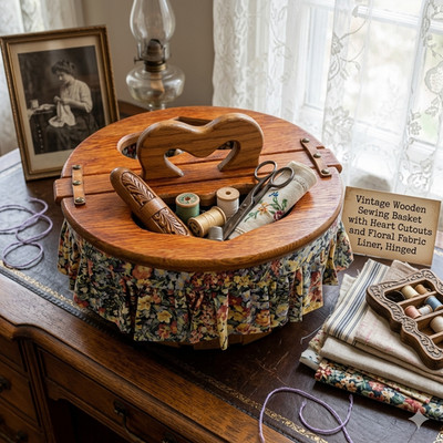 Vintage Wooden Sewing Basket with Heart Cutouts and Floral Fabric Liner, Hinged 
