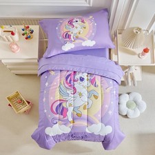 4 Pieces Toddler Bedding Set for Girls Purple Unicorn Toddler Bed Set - Carto...